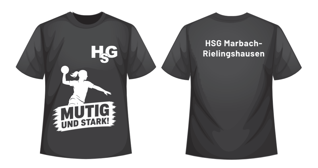 HSG-Shirt in Schwarz, Vorder- und Rückansicht: HSG-Logo mit Handball-Motiv und Schriftzug „Mutig und stark!“, auf dem Rücken „HSG Marbach-Rielingshausen“