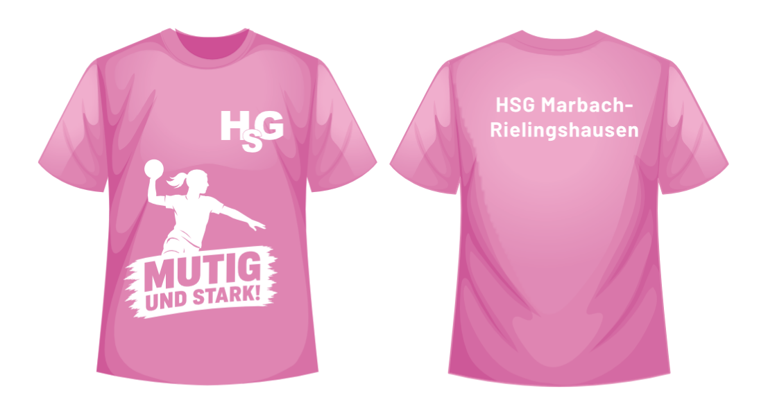HSG-Shirt in Rosa, Vorder- und Rückansicht mit HSG-Logo, Handball-Motiv und Schriftzug „Mutig und stark!“